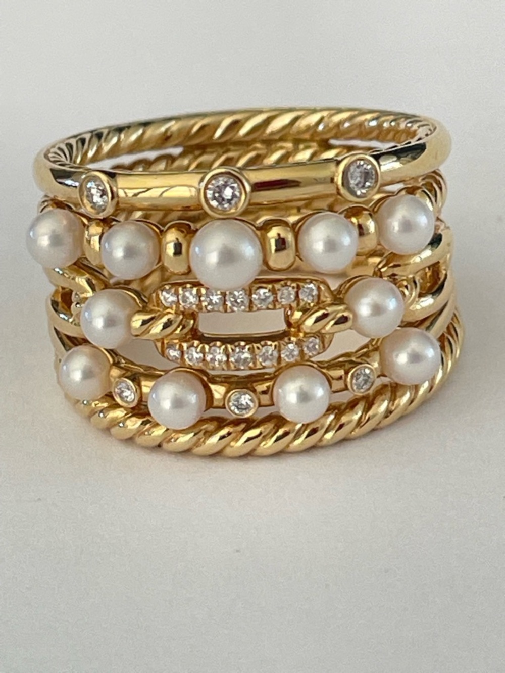 David Yurman 18k Petite Perle Pearl & Diamond Five Row Stax Ring